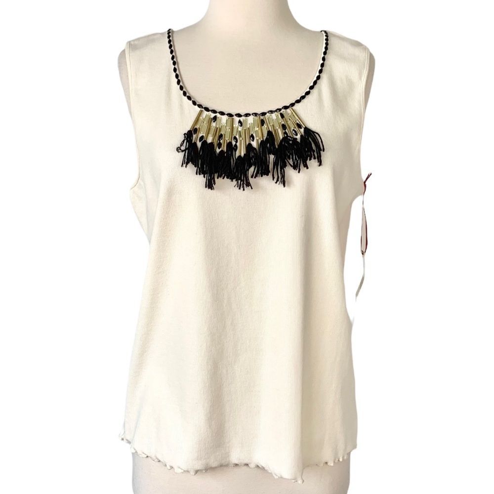 Ruby Rd. Cotton Cream Ribbed Beaded Tassel Sleeveless Top Size Large NWT